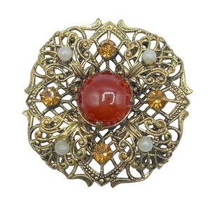 Vintage Faux Pearl Amber Rhinestone Czech Glass Cabochon Filigree Large Brooch